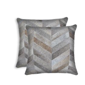 Set of Two 18" Gray Cowhide Chevron Throw Pillows