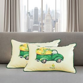 Set of Two 12" X 20" Green And White Pumpkin Truck Pumpkin Fabric Lumbar Throw Pillow Covers
