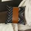 Set of Two 17" Black White And Brown Geometric Faux Leather And Fabric Throw Pillow Covers
