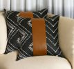 Set of Two 17" Black White And Brown Geometric Faux Leather And Fabric Throw Pillow Covers