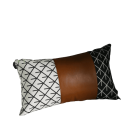 Set Of 4 Black And White Reverse With Faux Leather Lumbar Pillow Covers