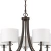 Brown Candle Style Five Light Metal and Crystals Dimmable Chandelier With White Shades