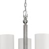 Silver Candle Style Three Light Metal and Crystals Dimmable Chandelier With White Shades
