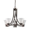 Bronze Candle Style Five Light Frosted Metal Dimmable Chandelier With White Shades