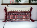 14" X 20" Blue Burgundy And Cream Abstract Cotton Blend Throw Pillow with Tassels