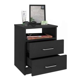 Modern 2-Drawer Nightstand End Table with Open Shelf in Black Wood Finish