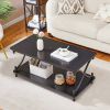 Modern Industrial Black Metal Wood Coffee Table with Bottom Storage Shelf