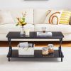Modern Industrial Black Metal Wood Coffee Table with Bottom Storage Shelf
