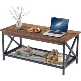 Modern Classic Metal Wood Coffee Table with Bottom Storage Shelf