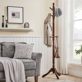 Adjustable Height Solid Wood Coat Rack with 10 Hooks in Dark Brown Finish