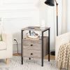 Modern Black Metal Nightstand with Grey Wood Finish Drawers and Shelf