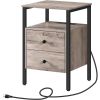 Modern Black Metal Nightstand with Grey Wood Finish Drawers and Shelf