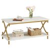 White Faux Marble Coffee Table with Gold Metal Frame and Bottom Storage Shelf