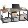 Modern Industrial Metal Grey Wood Coffee Table with Bottom Storage Shelves