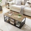 Modern Industrial Metal Grey Wood Coffee Table with Bottom Storage Shelves