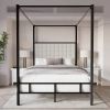 King size Black Metal Canopy Bed with Upholstered Button-Tufted Headboard