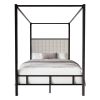 King size Black Metal Canopy Bed with Upholstered Button-Tufted Headboard