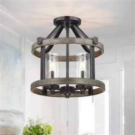 Round 4-Light 12.5-inch Metal Wood Farmhouse Ceiling Lamp - Semi-Flush Mount