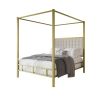 Queen size Gold Metal Canopy Bed with Upholstered Button-Tufted Headboard