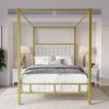 Queen size Gold Metal Canopy Bed with Upholstered Button-Tufted Headboard