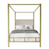 Queen size Gold Metal Canopy Bed with Upholstered Button-Tufted Headboard
