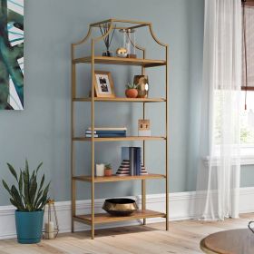 Elegant Gold Metal Display Rack Etagere Bookcase with 5 Wooden Storage Shelves