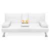 White Faux Leather Convertible Sofa Futon with 2 Cup Holders