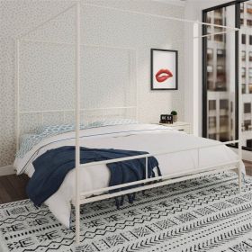 King size Modern Metal Canopy Bed Frame with Headboard and Footboard in White