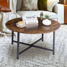 Modern Round Industrial Coffee Table with Rustic Brown Wood Top