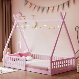 Twin Size Wood House Bed with Fence, Pink