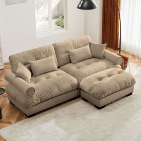 Over Size Modern Two-seater Sofa with Ottoman, Velvet 2-Seater with Round Bolster Armrests,With Waist Pillow and Throw Pillows
