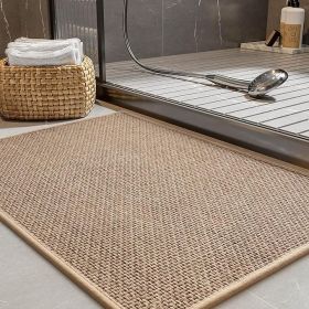 Non-Slip Bath Mat With Rubber-Backing, Braided Absorbent Machine Washable Thin Rug for Bathroom Floor, Quick Dry, Fits Under Door, 17''x24'' Beige