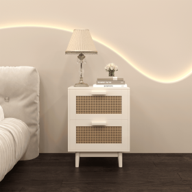 Rattan Nightstand, Wood End Table, Side Table with 2 Faux Rattan-Decorated Drawers, Bedside Table,Wood Accent Table with Storage for Livingroom