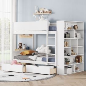 Twin over Twin Bunk Bed With 2 Drawers and Multi-layer Cabinet, White