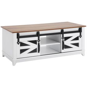 VEVOR 48" Farmhouse Coffee Table, Rectangle Coffee Table with 2 Sliding Barn Doors, 2 Tiers Wooden Rustic Table with Removable Shelves for Living