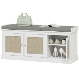 HOMCOM Shoe Storage Bench with Woven Rattan Doors, Shoe Bench with Cushion, Adjustable Shelves, Entryway Bench, White