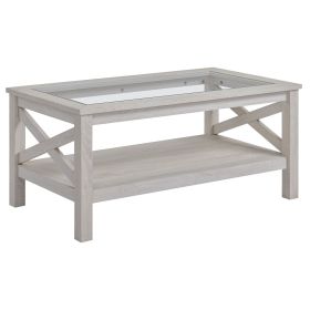 HOMCOM Coffee Table with Tempered Glass Tabletop, Living Room Table with Wood Frame and Underneath Storage Shelf, White Oak
