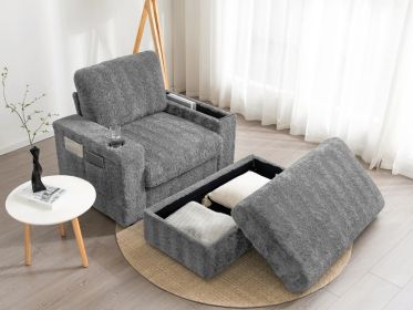 [Video]42" Oversized Chaise Lounge Indoor,Faux Rabbit Fur Sofa Bed with Storage Ottoman and Armrests,Cup Holders,Upholstered Sleeper Chair