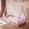 Twin Size Wood House Bed with Fence, Pink