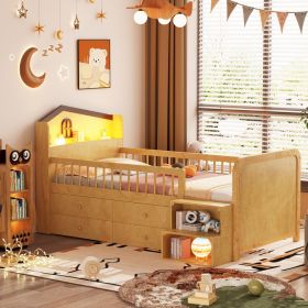 Vtng Furniture, Low Loft Bed With LED Lights, Wooden Twin Loft Bed With House Shape Headboard, Kids Loft Bed With Storage Drawers, Natur