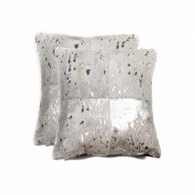 Set of Two Cowhide Throw Pillow (Color: Silver/Gray)
