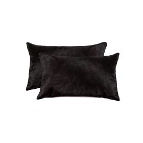 Set of Two 12" X 20" Cowhide Throw Pillows (Color: Black)