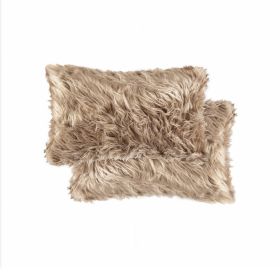 Set of Two 12" X 20" Faux Fur Throw Pillows (Color: Tan)