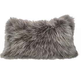 17" Genuine Tibetan Lamb Fur Pillow With Microsuede Backing (Color: Grey)