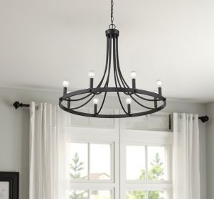 Candle Style Eight Light Metal Dimmable Chandelier (Color: Black)