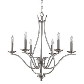 Candle Style Six Light Metal Dimmable Chandelier (Color: Nickel)