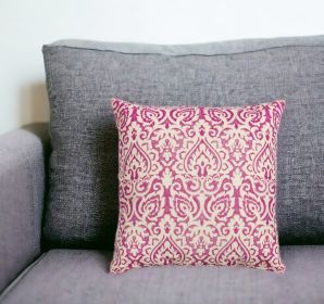 22" Damask Cotton Throw Pillow (Color: Pink/White)