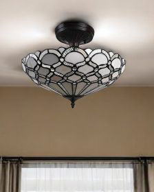 Two Light Tiffany Style Semi Flush Dimmable Ceiling Light (Color: Black/Gray)