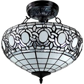 Tiffany Style Two Light Glass Dimmable Semi Flush Ceiling Light (Color: Blue/Black)