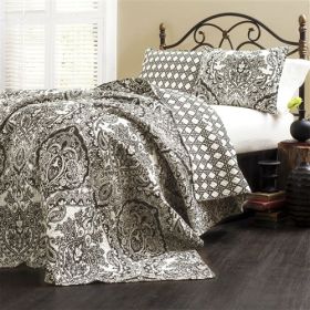 Queen size 3-Piece Quilt Set 100-Percent Cotton Damask (Color: Black White)